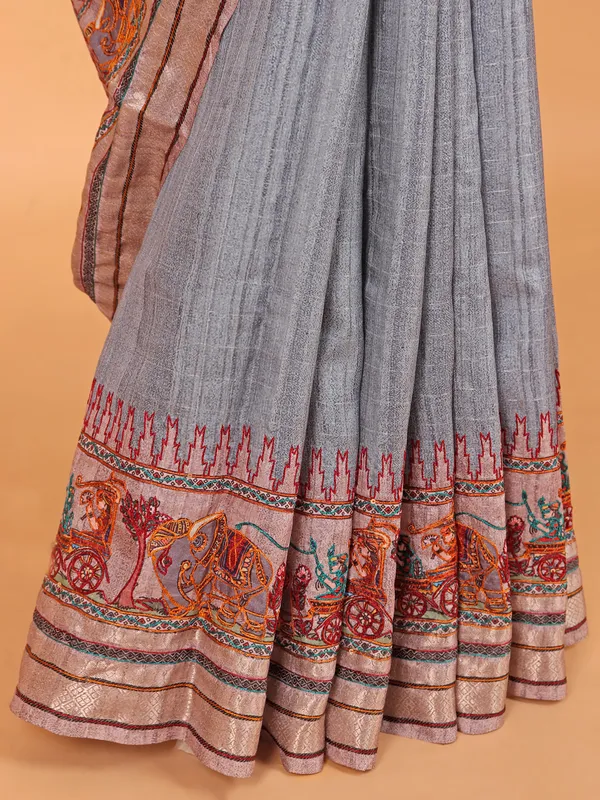 Grey printed semi cotton silk saree for festive