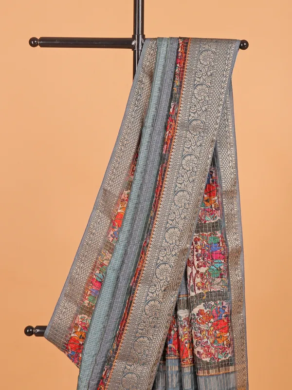 Grey printed semi dola silk saree for women