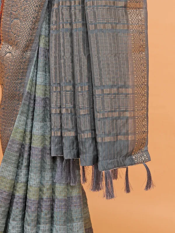 Grey printed semi dola silk saree for women