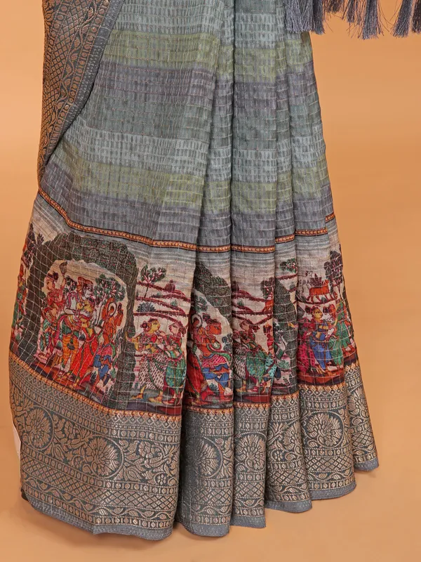 Grey printed semi dola silk saree for women
