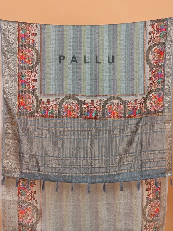Grey printed semi dola silk saree for women