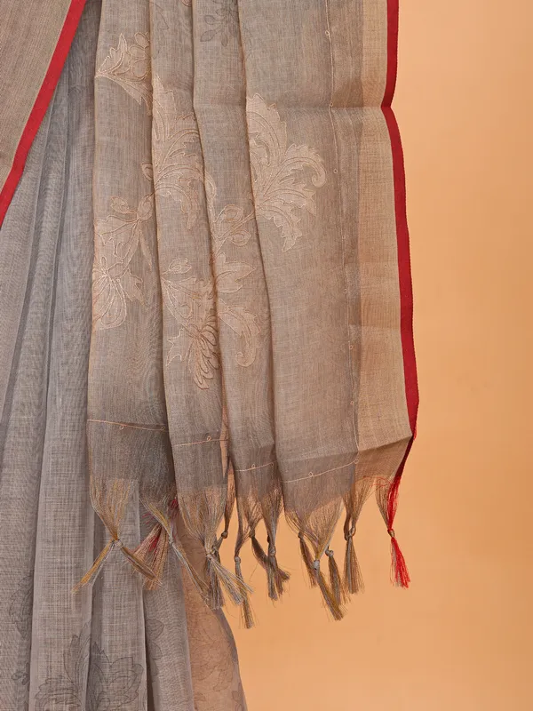 Grey printed semi linen saree for festive