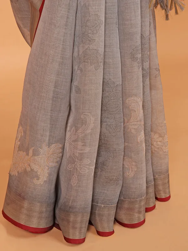 Grey printed semi linen saree for festive