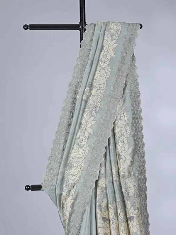 Grey printed semi silk saree for festival wear