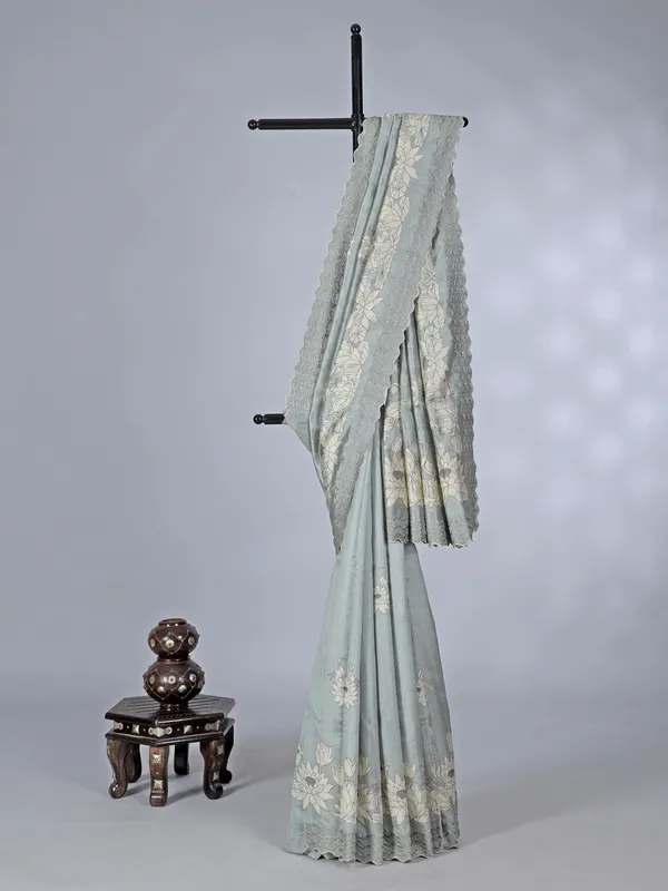 Grey printed semi silk saree for festival wear
