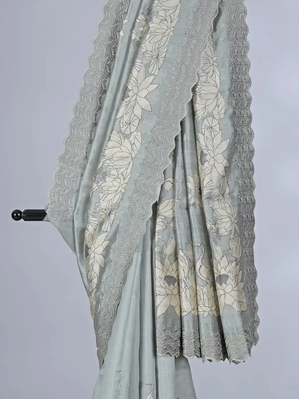 Grey printed semi silk saree for festival wear