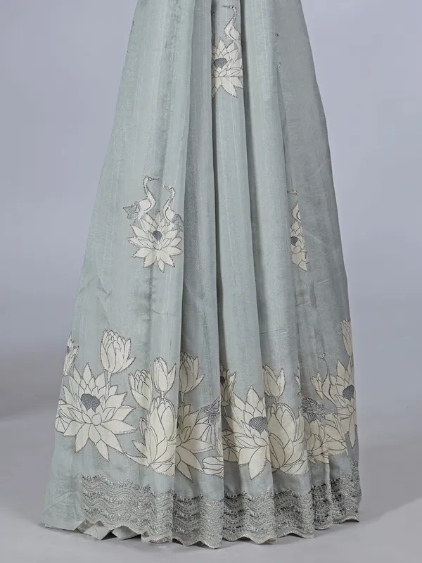 Grey printed semi silk saree for festival wear