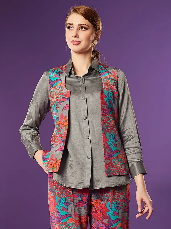 Grey printed silk co ord set for women