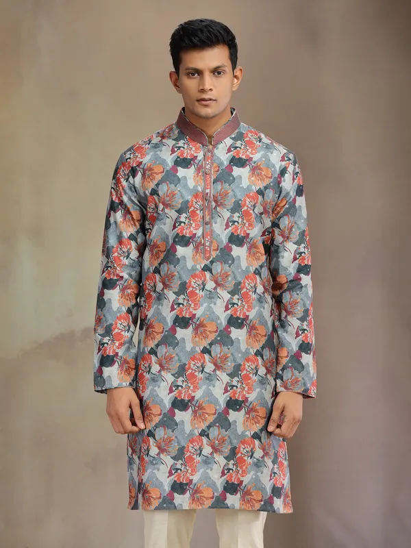 Grey printed jaquard silk festive wear kurta pajama