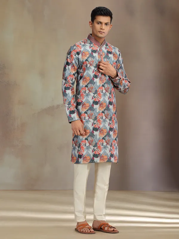 Grey printed jaquard silk festive wear kurta pajama