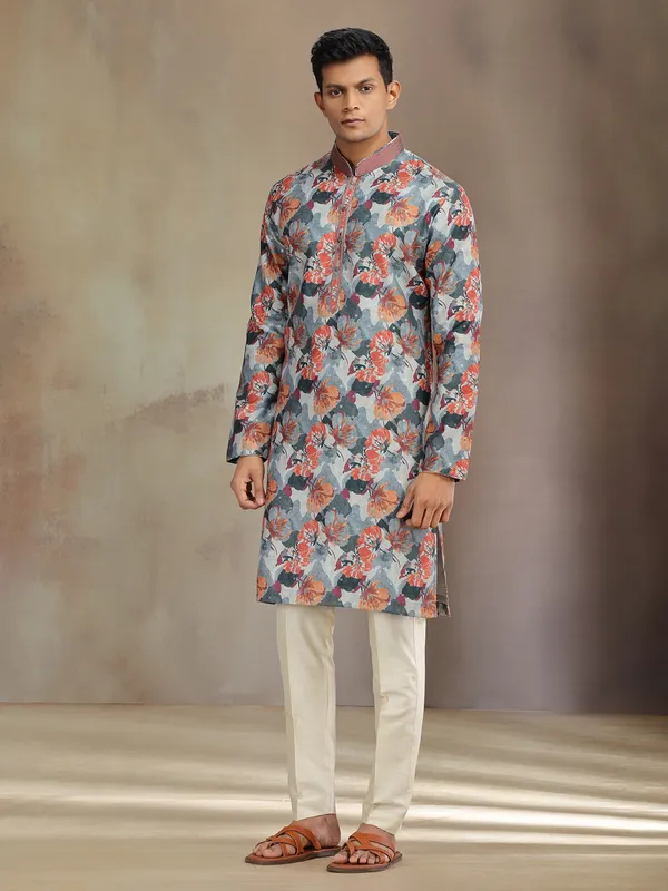 Grey printed jaquard silk festive wear kurta pajama