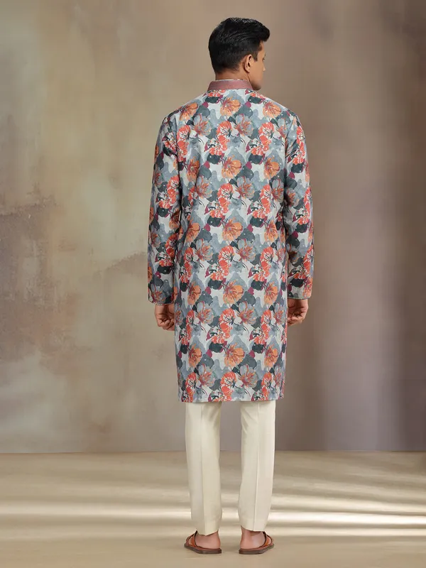 Grey printed jaquard silk festive wear kurta pajama