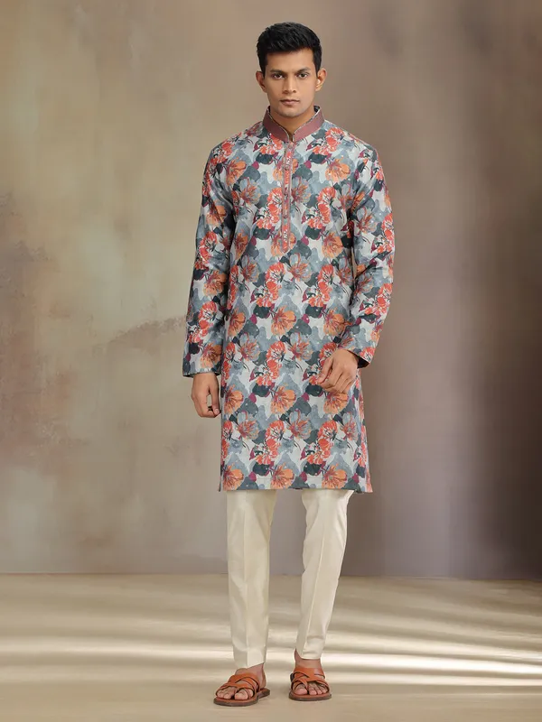 Grey printed jaquard silk festive wear kurta pajama