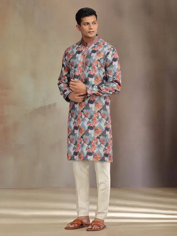 Grey printed jaquard silk festive wear kurta pajama