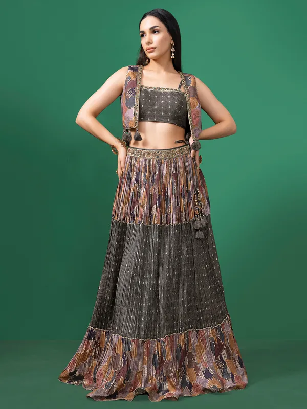 Grey printed silk jacket style lehenga choli