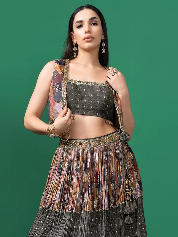 Grey printed silk jacket style lehenga choli