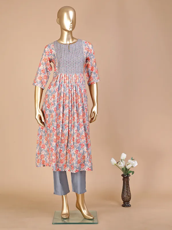 Grey printed silk kurti with pant