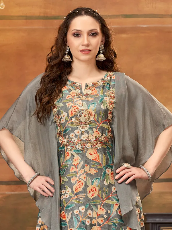 Grey printed silk palazzo suit for festive