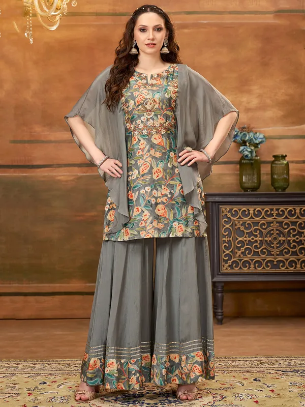 Grey printed silk palazzo suit for festive