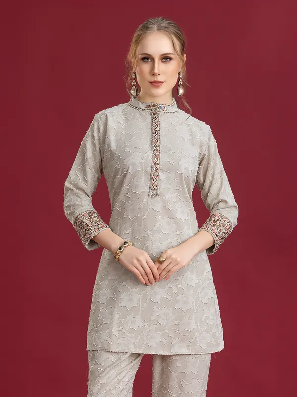 Grey printed silk pant co-ord set with embellishments