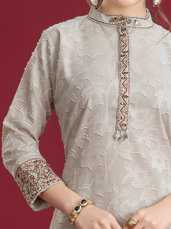 Grey printed silk pant co-ord set with embellishments