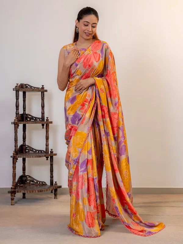 Grey printed silk saree for women