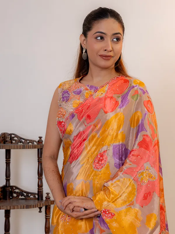 Grey printed silk saree for women