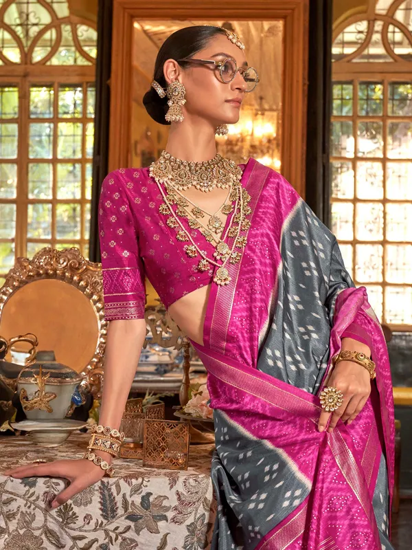 Grey printed silk saree with pink pallu