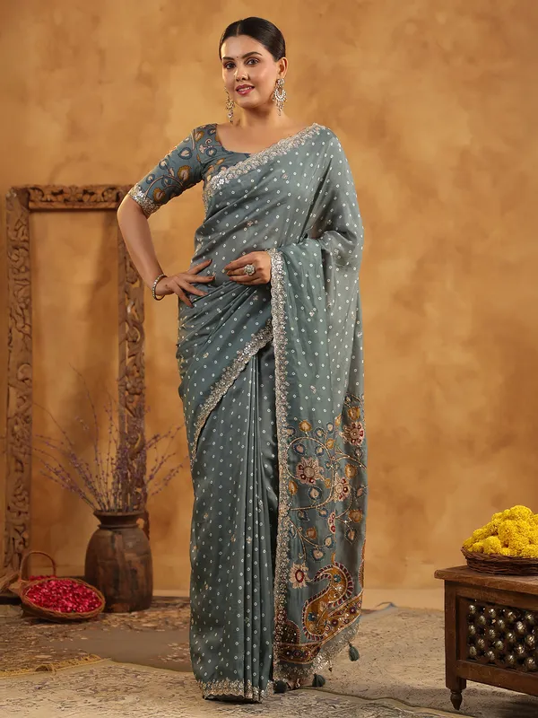 Grey printed silk saree with resham work