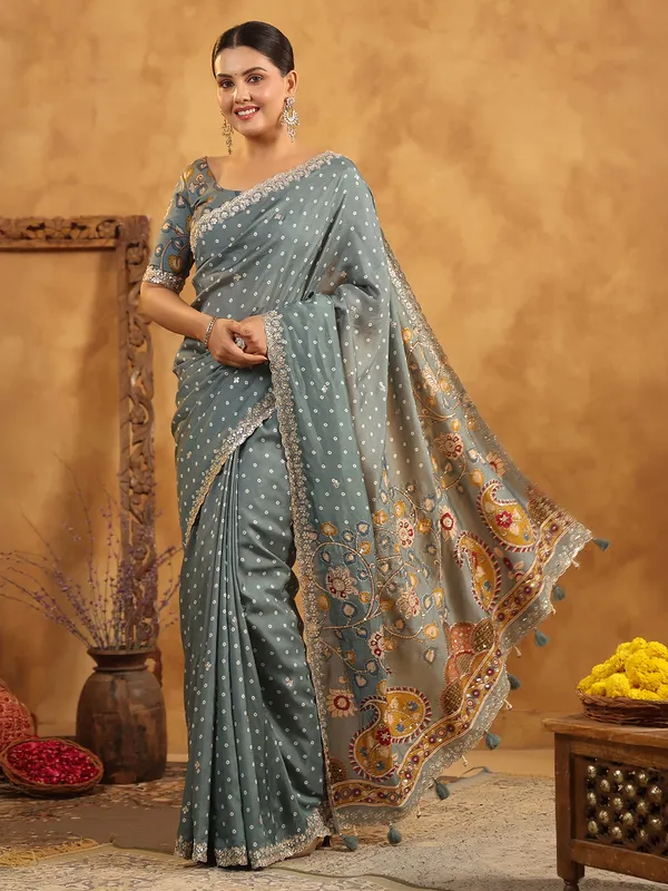 Grey printed silk saree with resham work