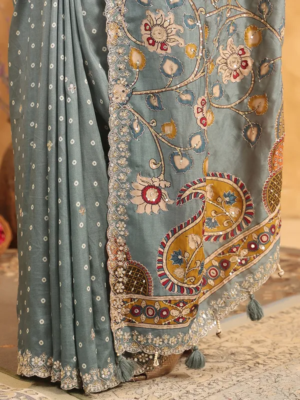 Grey printed silk saree with resham work