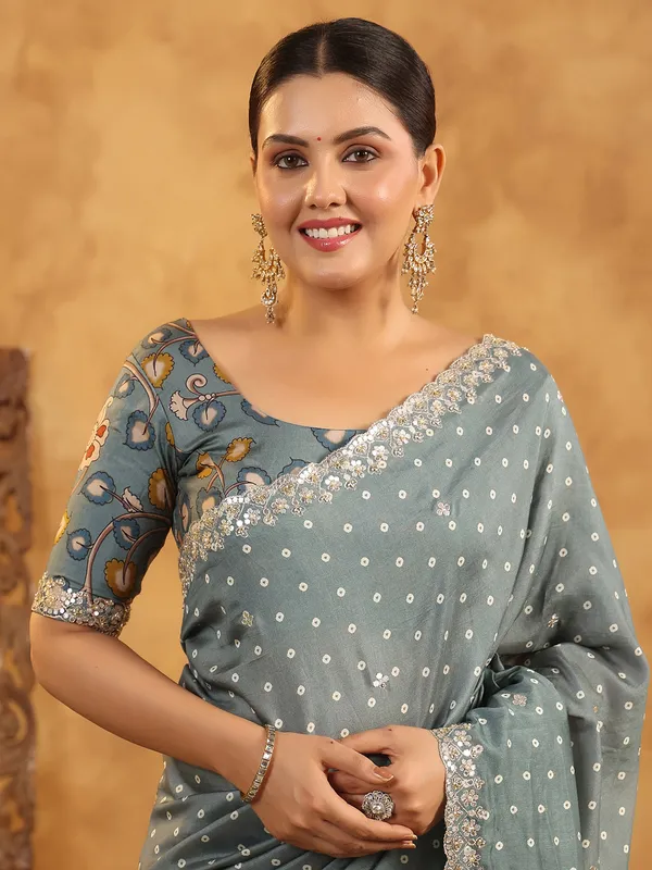 Grey printed silk saree with resham work