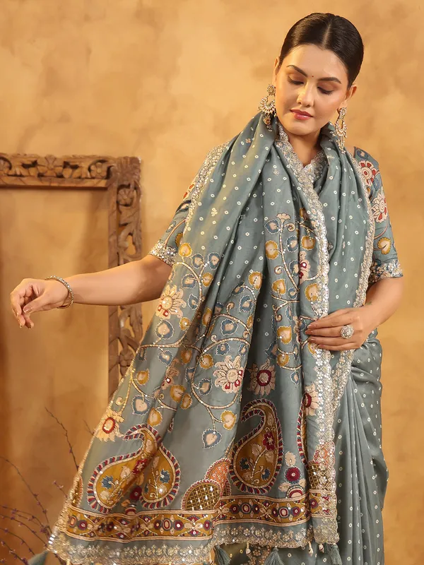 Grey printed silk saree with resham work