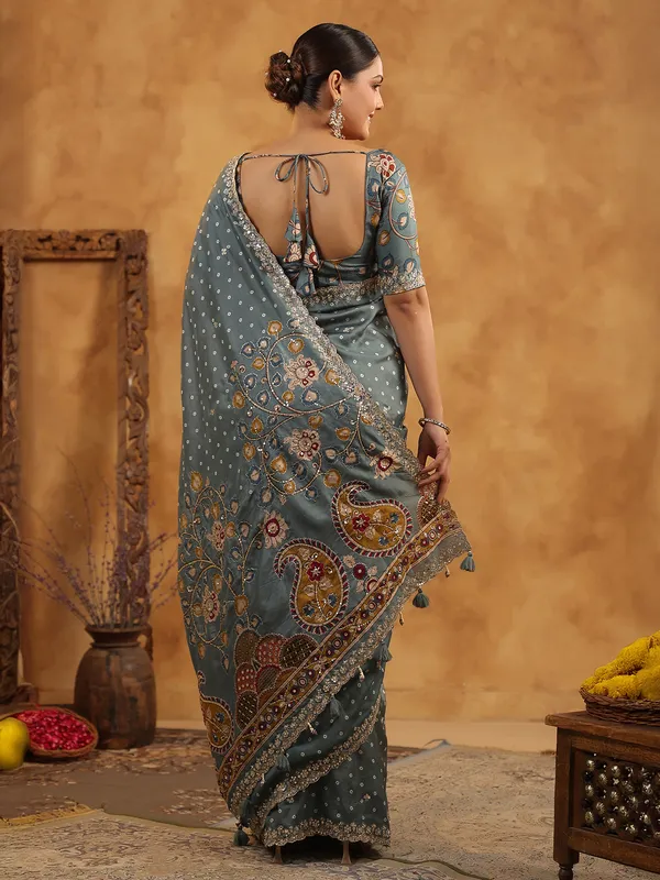Grey printed silk saree with resham work