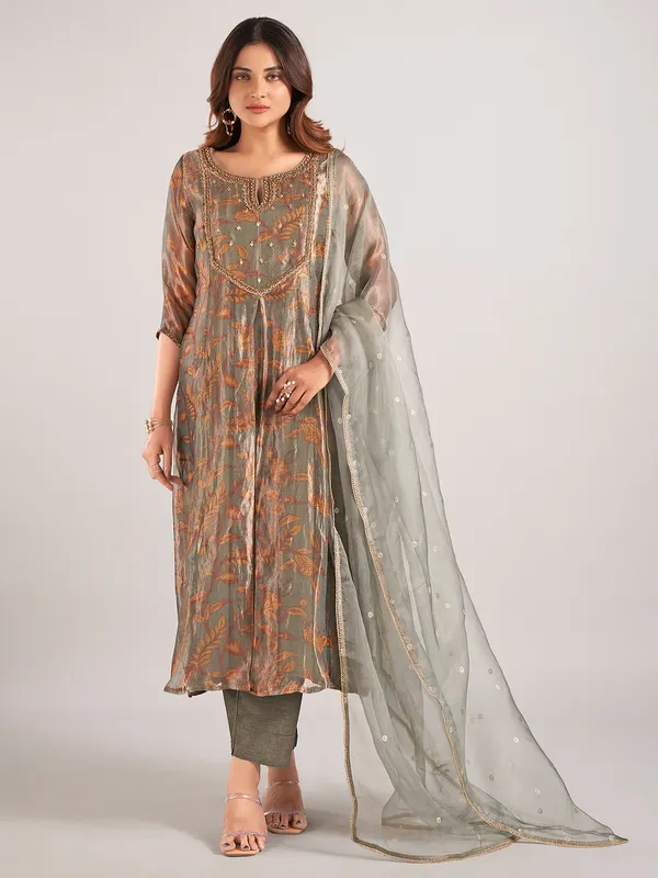 Grey printed soft organza wedding wear salwar suit