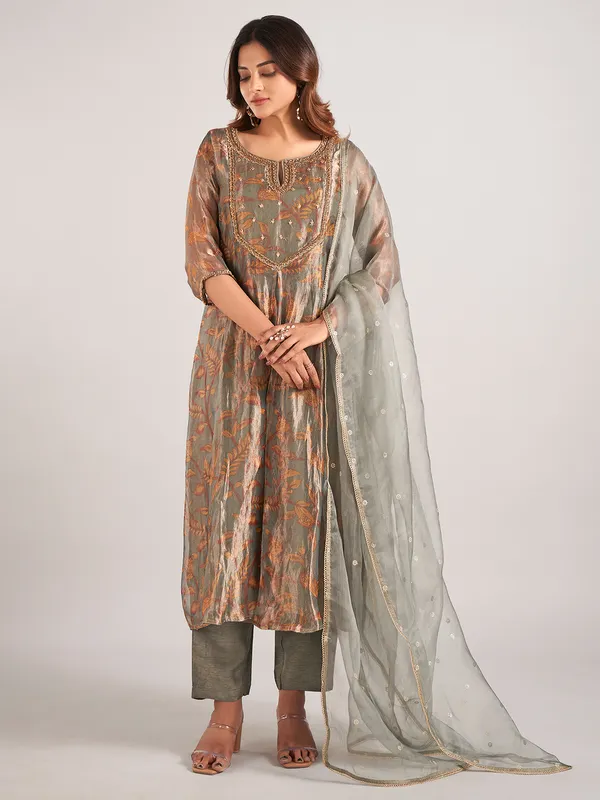 Grey printed soft organza wedding wear salwar suit