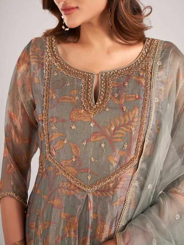 Grey printed soft organza wedding wear salwar suit