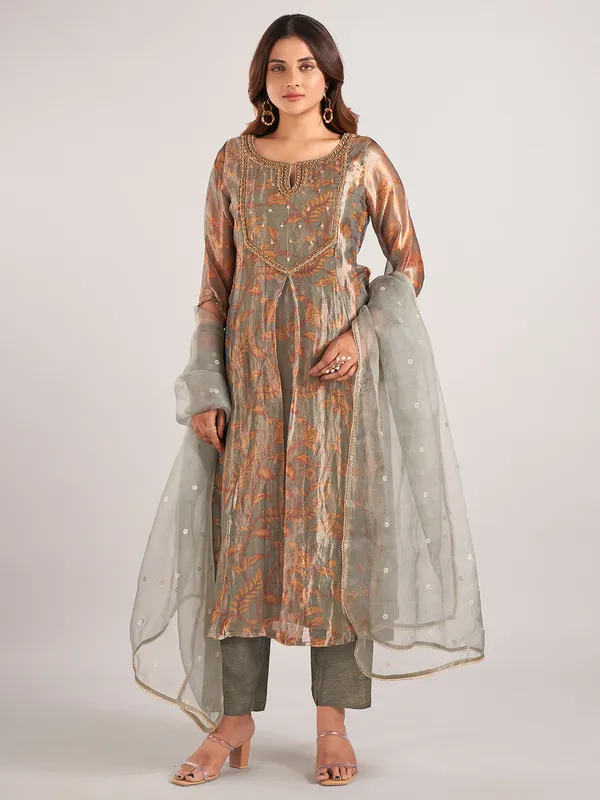 Grey printed soft organza wedding wear salwar suit