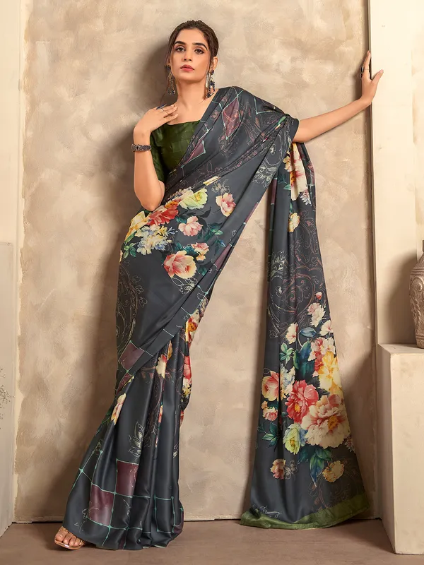 Grey printed soft satin silk saree