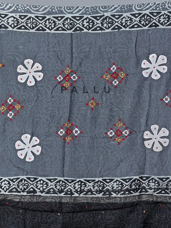 Grey printed tusser silk saree with thread work