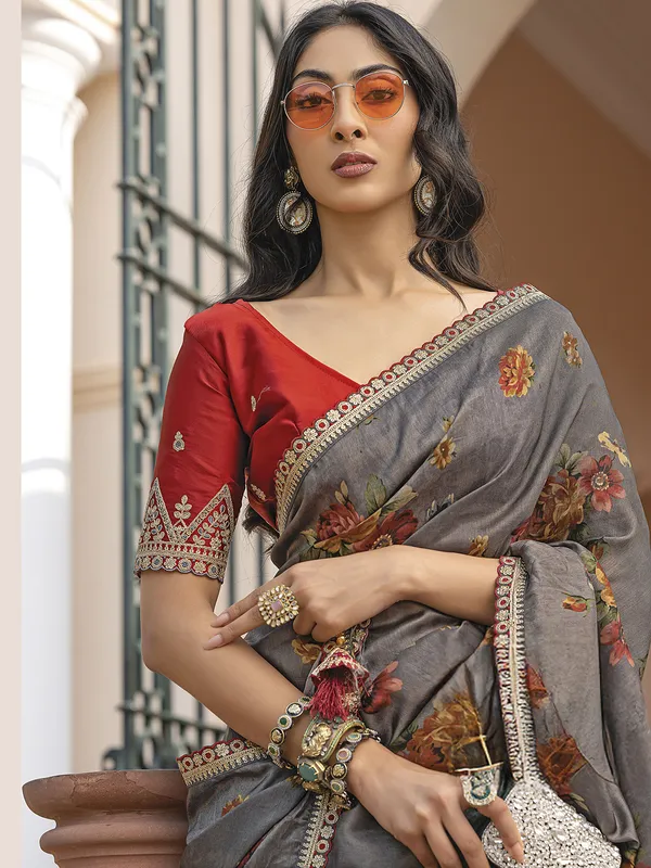 Grey printed viscose dola silk saree for festive wear