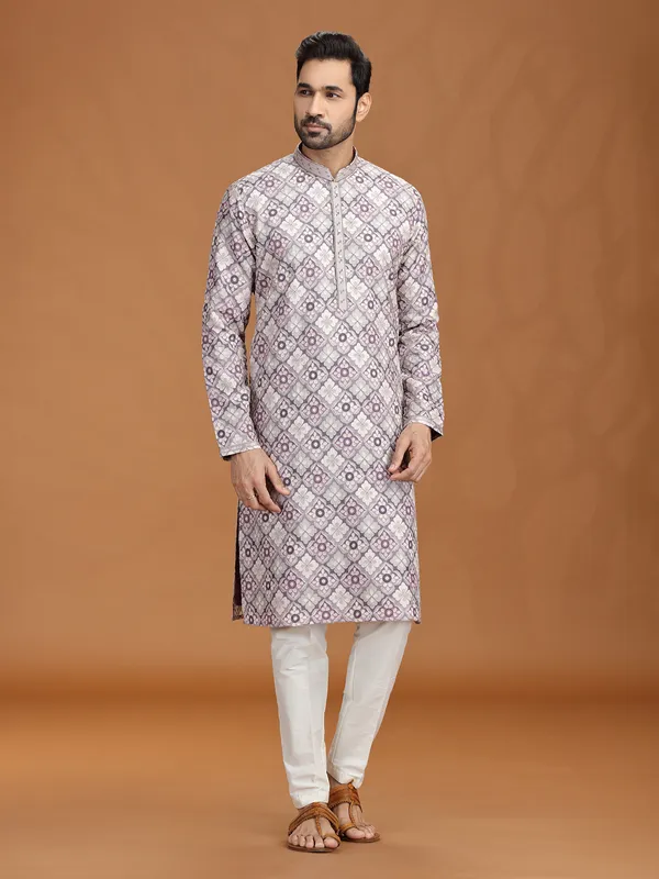 Grey purple viscose kurta suit with motifs