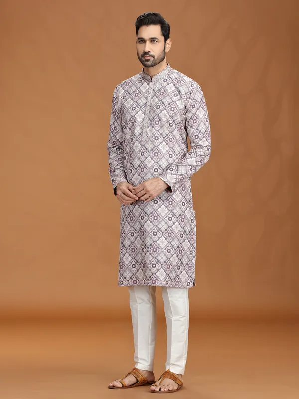 Grey purple viscose kurta suit with motifs