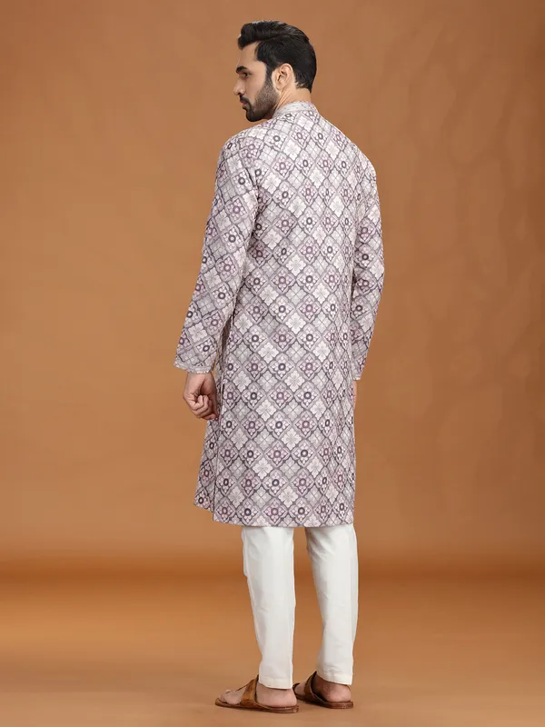 Grey purple viscose kurta suit with motifs