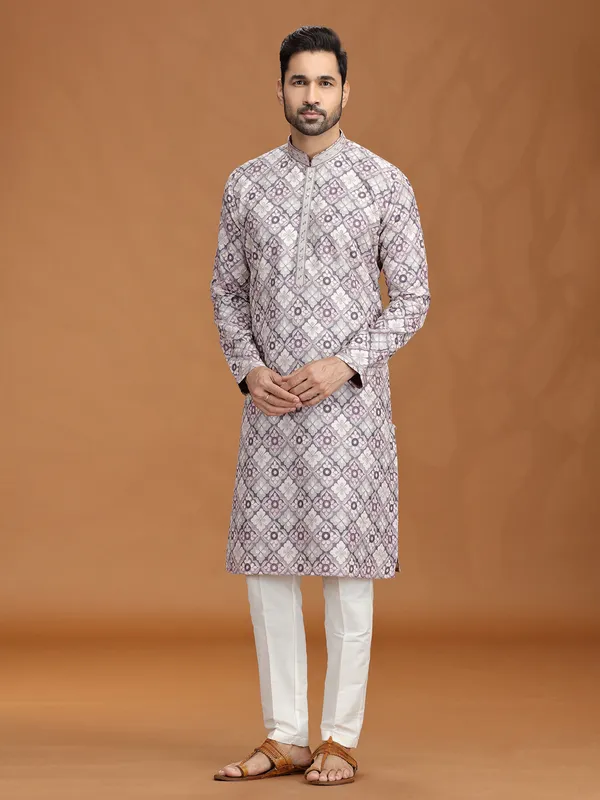 Grey purple viscose kurta suit with motifs