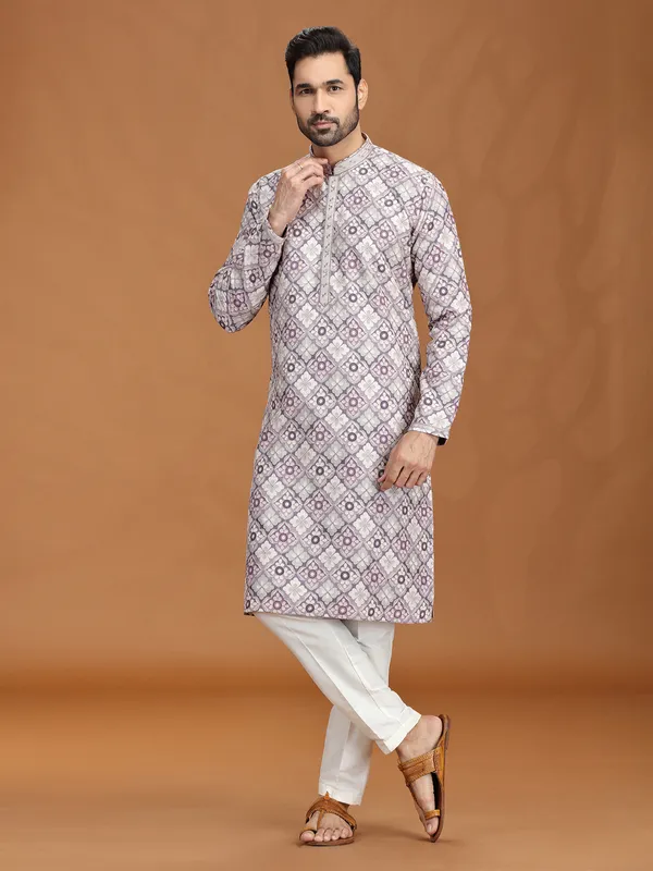 Grey purple viscose kurta suit with motifs