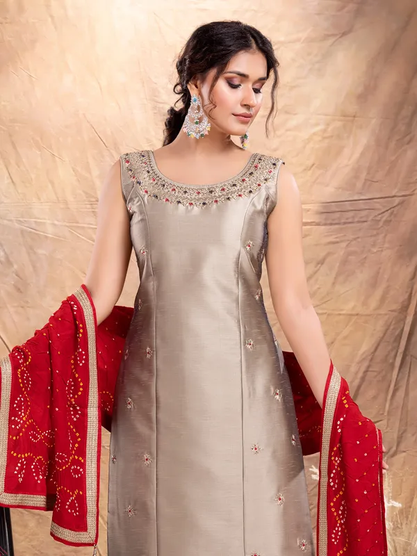 Grey raw silk salwar suit with dupatta