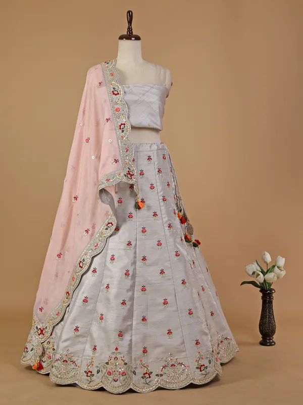 Grey raw silk unstitched lehenga choli
