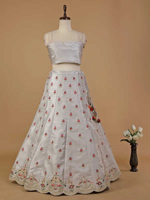 Grey raw silk unstitched lehenga choli