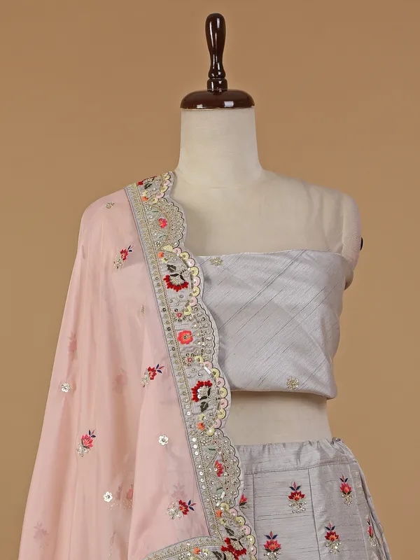 Grey raw silk unstitched lehenga choli